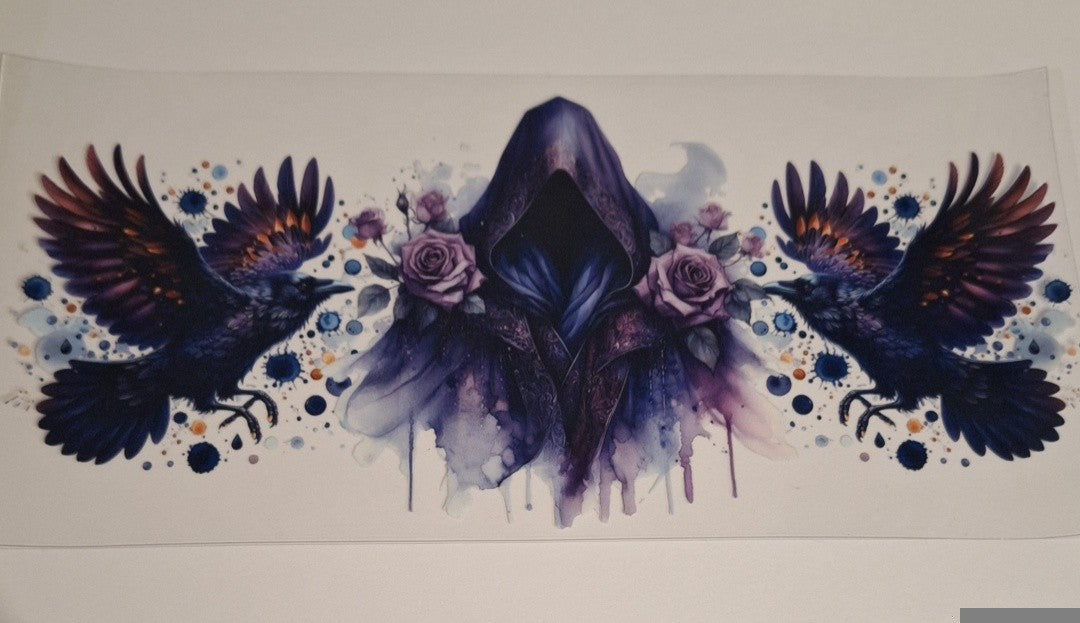 Purple dark cloaked figurine & birds 16oz libbey cup wrap