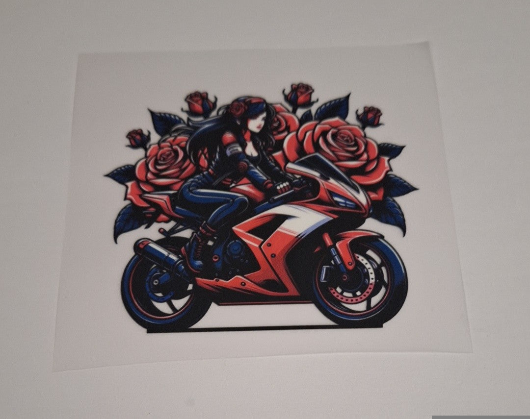 Lady motorbike rider Pocket size heat transfers