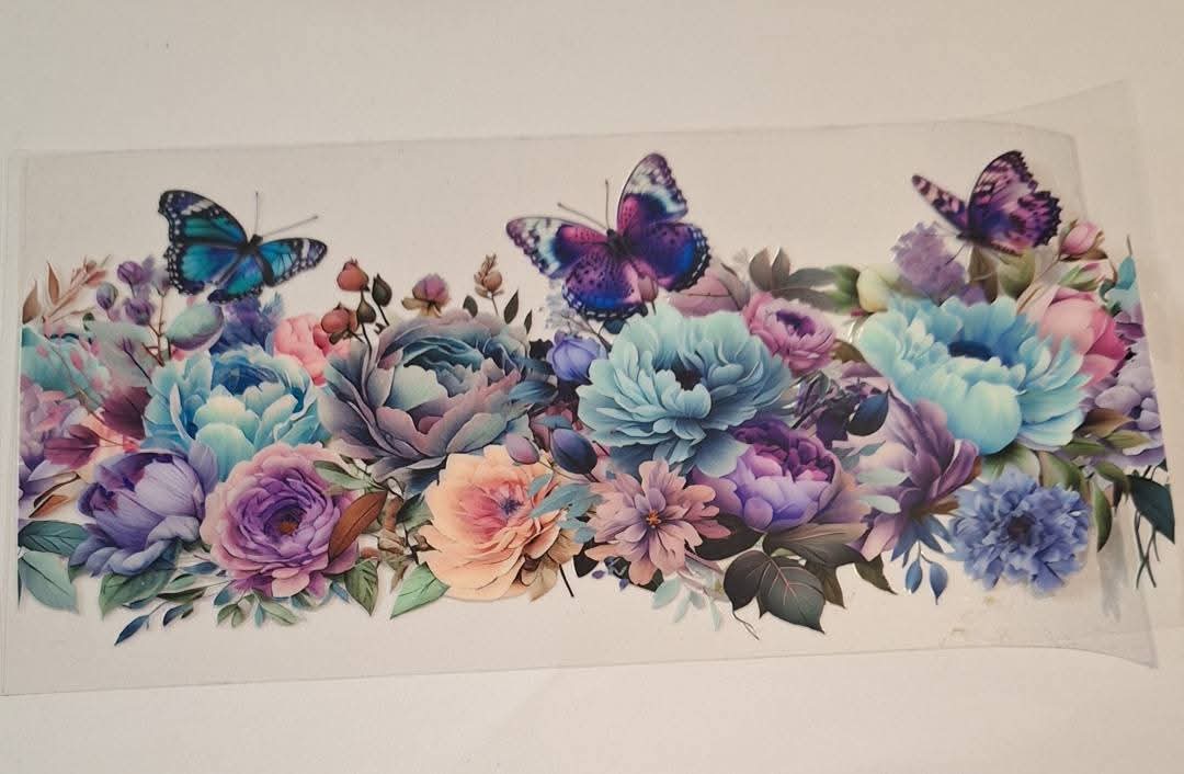 Purple butterflies & flowers 16oz libbey cup wrap