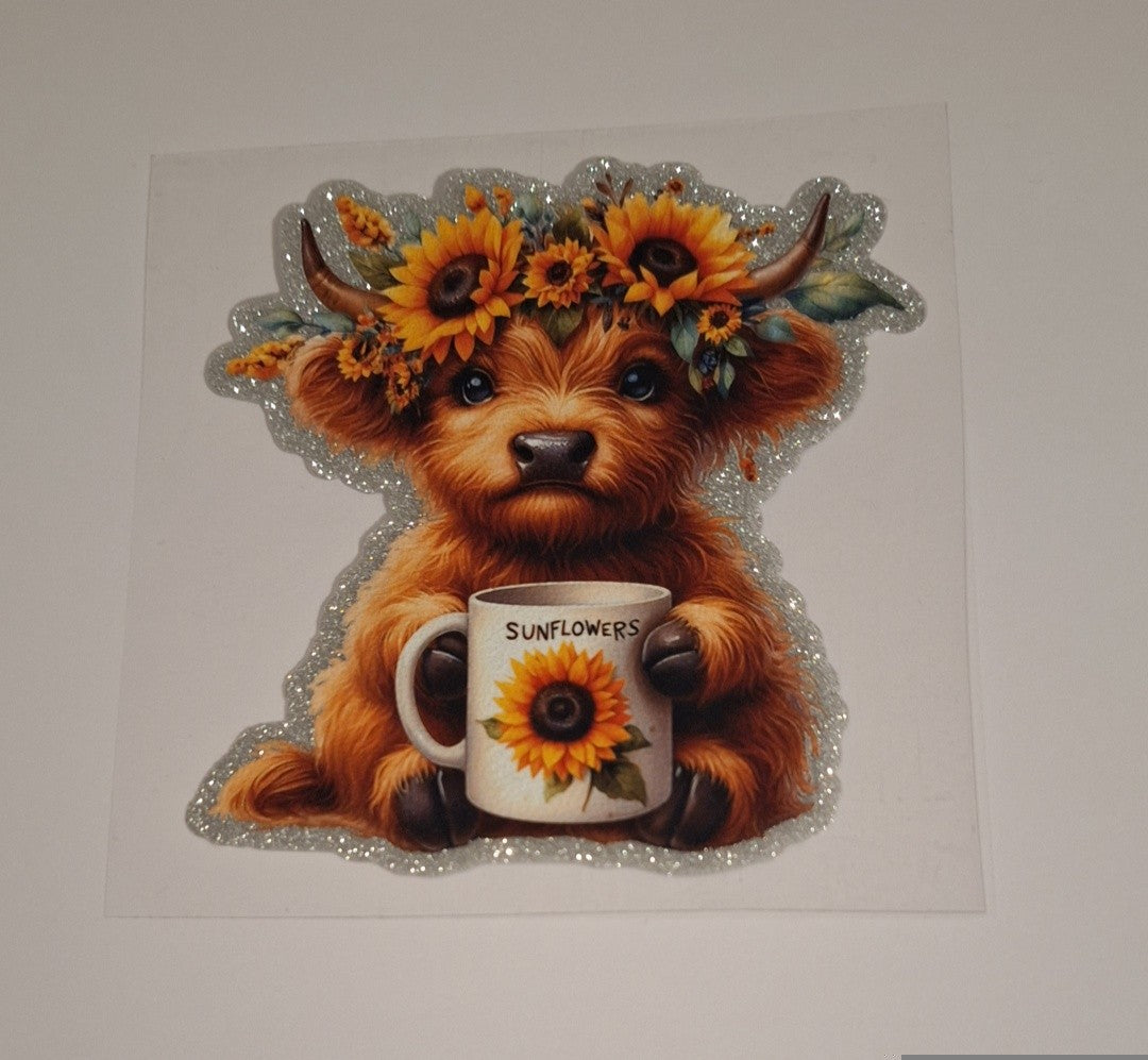 Sunflower cow with coffee Glitter Uvdtf decals