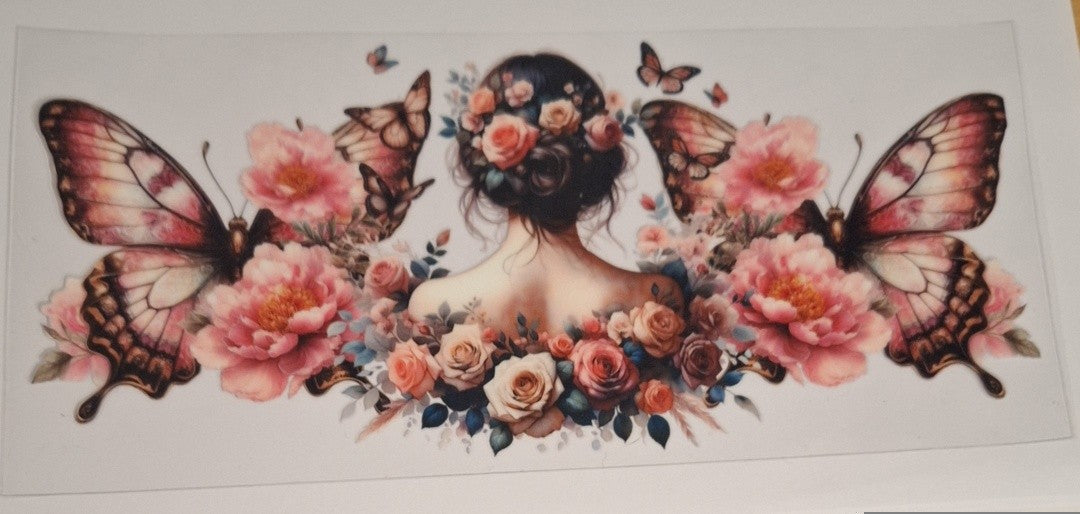 Floral lady with butterflies 16oz libbey cup wrap