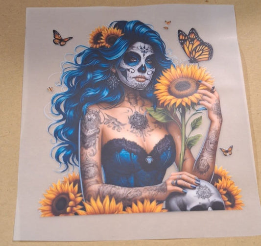 Lady Skull With Sunflower Iron On Heat Transfers