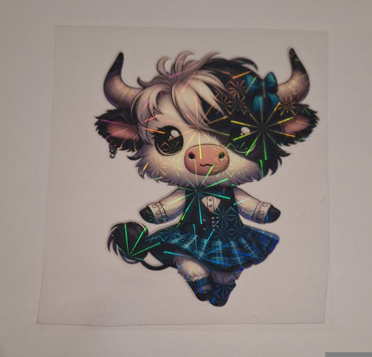Cute cow blue tartan dress holographic laser uvdtf decals