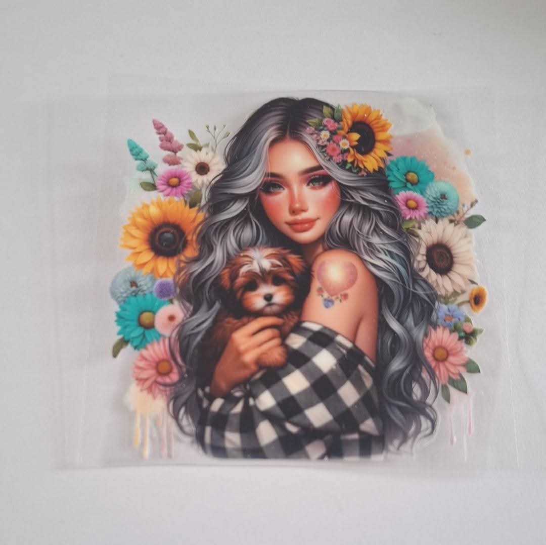 Cute dog with lady uvdtf decal