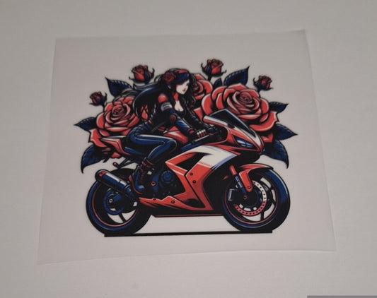 Lady motorbike rider Pocket size heat transfers