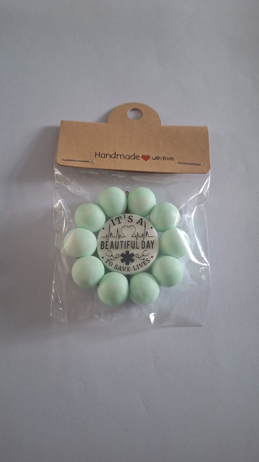 Mint Green Beaded Flower Its A Beautiful Day Silicone Keychain