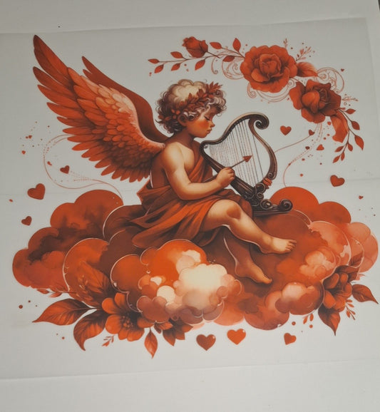 Red angel wing child playing harp Large Heat Transfers