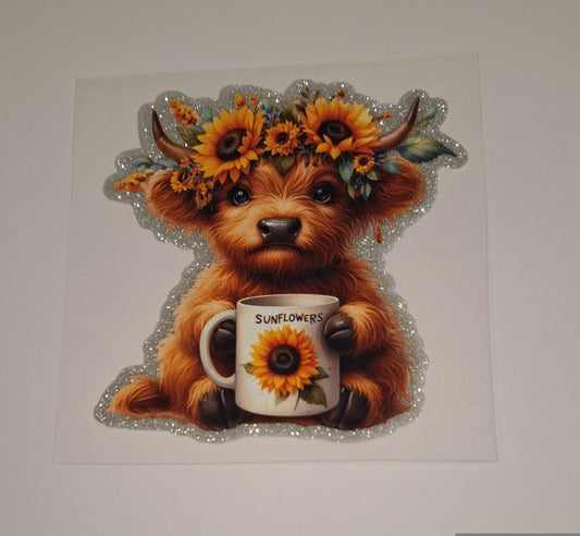 Sunflower cow with coffee Glitter Uvdtf decals