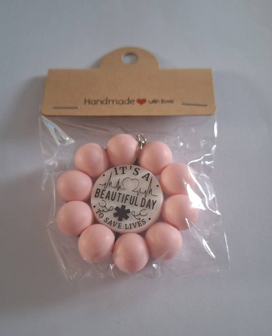 Pink Beaded Flower Its A Beautiful Day Silicone Keychain