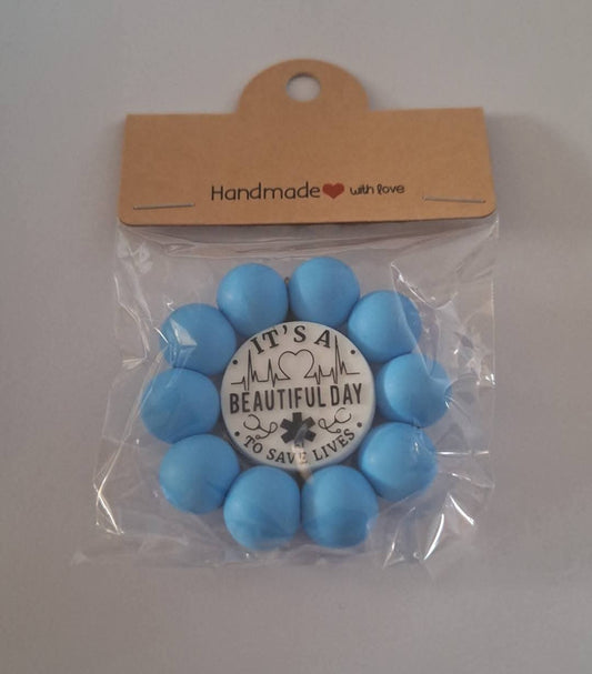 Blue Beaded Flower Its A Beautiful Day Silicone Keychain
