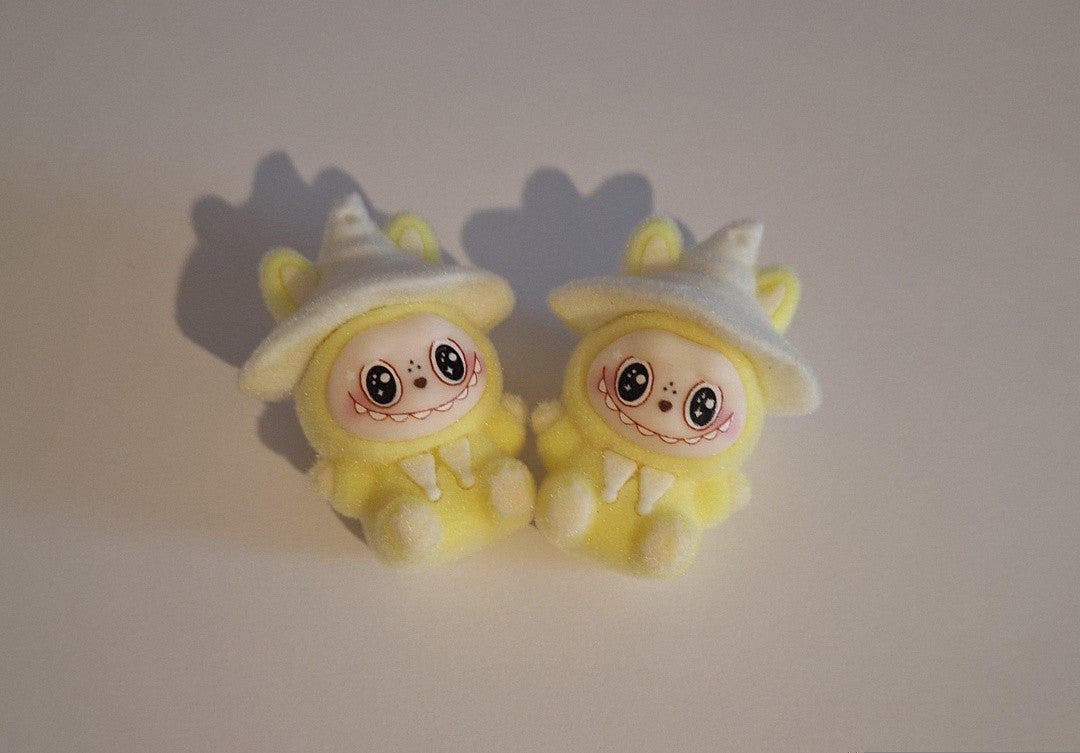 Bright yellow labubu with pointing hat felt feel beads