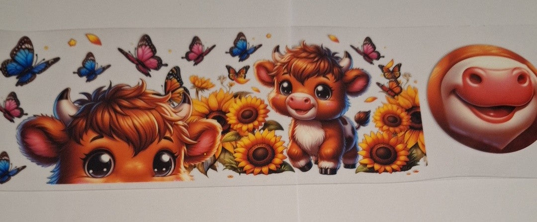 Highland cow with butterflies 11oz Mug wrap and bottom