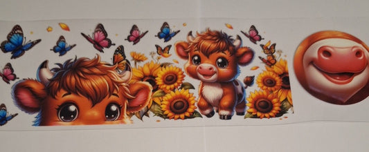 Highland cow with butterflies 11oz Mug wrap and bottom